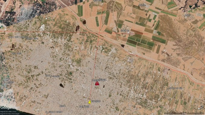 Intersecting lines (in red) point to an area in the Israeli side of the Gaza fence where analyst Oliver Alexander believes the Iron Dome system intercepted a rocket.