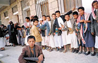 Children queueing to vote