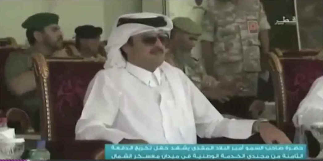 The emir at the military ceremony. Screen grab from Qatari TV.