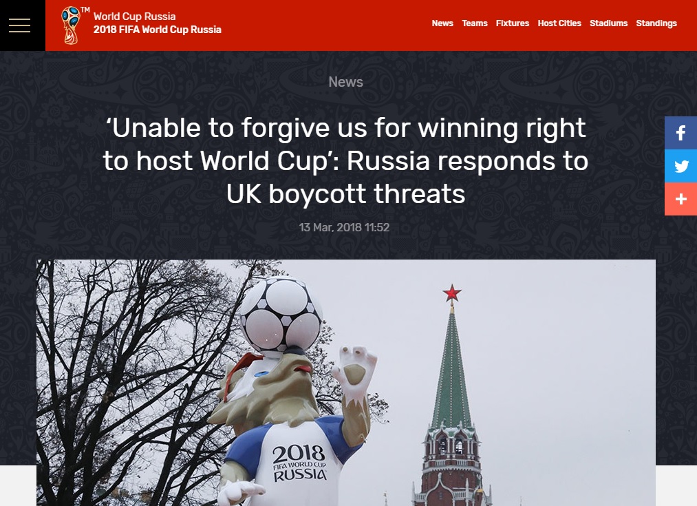 Russia's RT links the Skripal poisoning to British jealousy over hosting of the World Cup