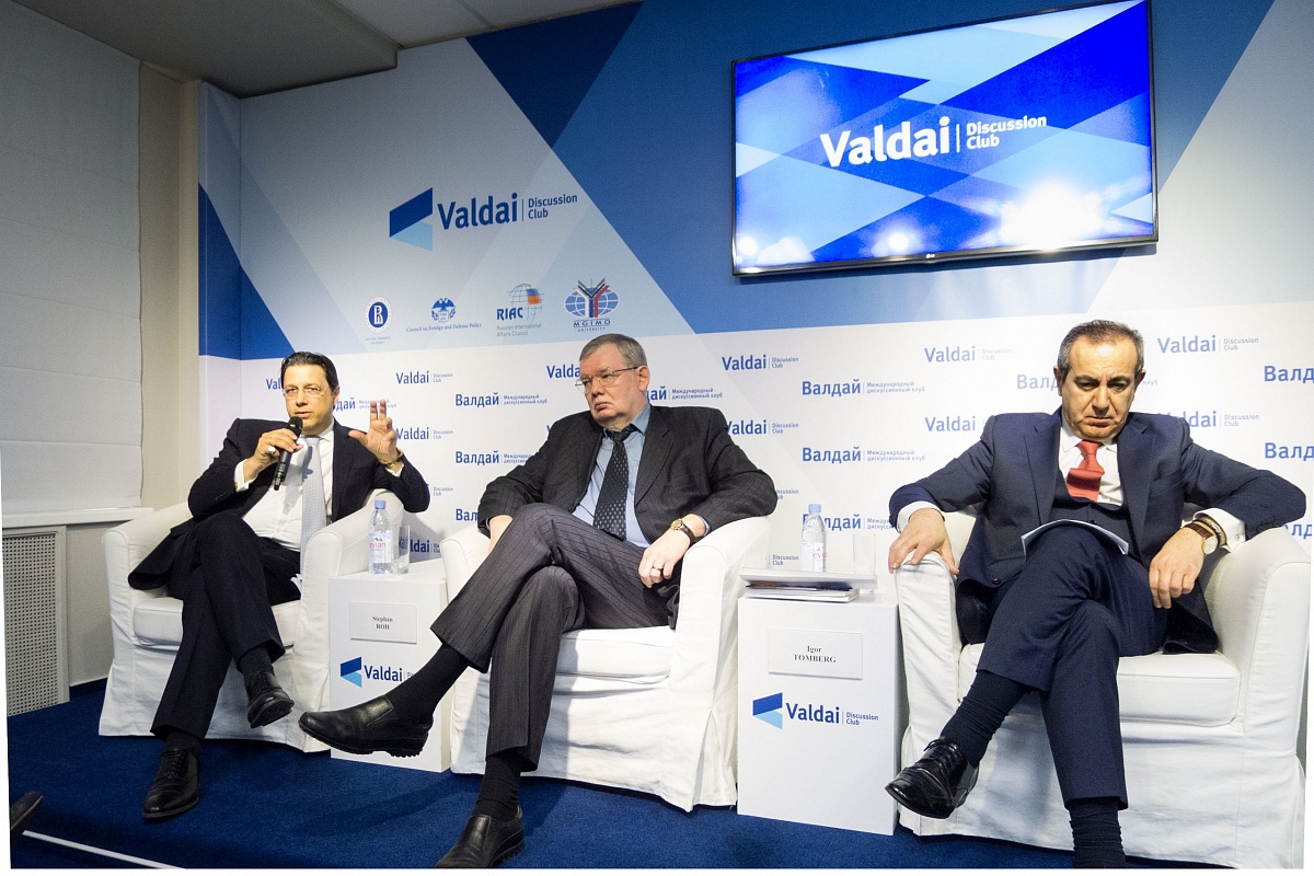 Panel discussion at Valdai, April 2016. Left to right: Stepan Roh, Igor Tomberg and Joseph Mifsud