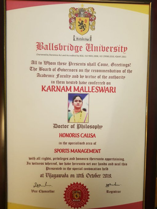 Ms Malleswari's degree certificate