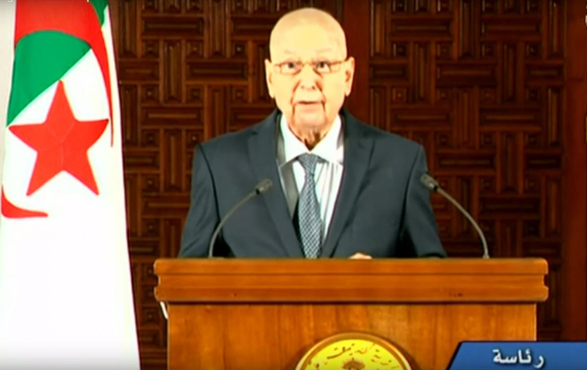 Acting president Bensalah announces the election date on Algerian TV
