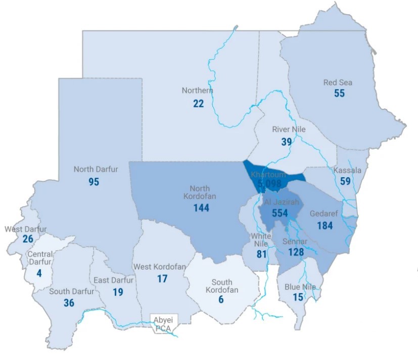 Map of Sudan showing Covid-19 cases officially recorded by 8 June. Source: <a href="https://reliefweb.int/sites/reliefweb.int/files/resources/Situation%20Report%20-%20Sudan%20-%2011%20Jun%202020%20%281%29.pdf">OCHA</a>. Click <a href="https://al-bab.com/sites/default/files/darfur-13-june.jpg">here</a> to enlarge.
