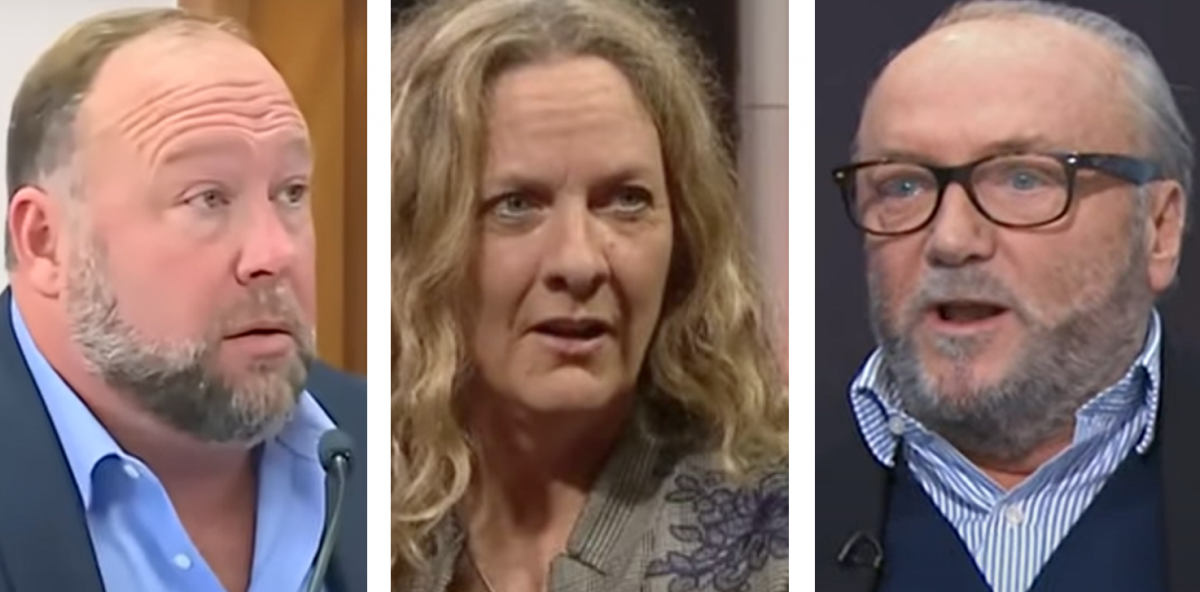 Promoting "crisis actor" theories: (left to right) Alex Jones, Vanessa Beeley and George Galloway