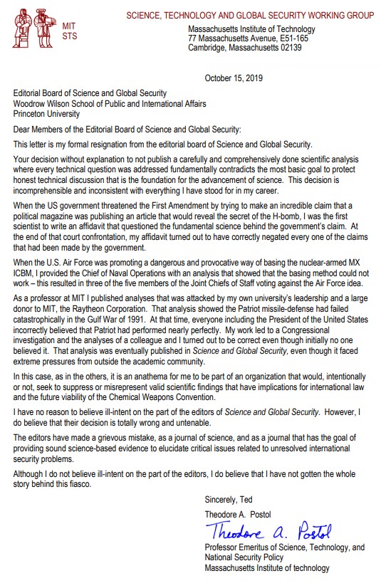 Postol's resignation letter (<a href="https://al-bab.com/sites/default/files/postol-letter.jpg">click to enlarge</a>)
