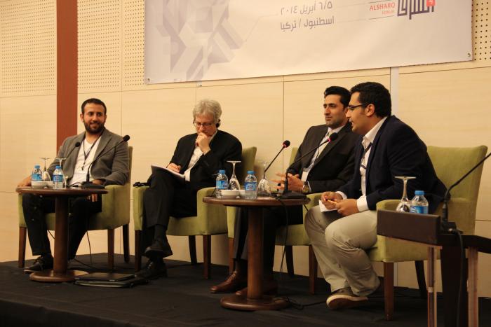 Sharq Forum panel. Left to right: Majid Adwan, David Hearst,  Asif Hamidi and Abdul Rahman Ayyash (chairing).